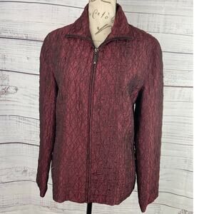 Chicos 0 Zip Up Jacket Womens S Maroon Textured Shimmer Pockets Lined Collar